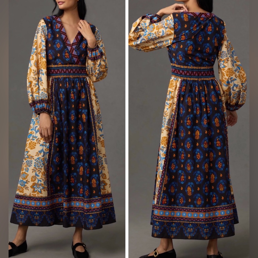 Farm Rio Puff-Sleeve V-Neck Maxi Dress, Size XS